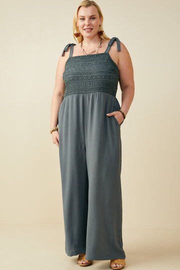 HB0265 Teal Womens Crochet Lace Paneled Wide Leg Jumpsuit Full Body